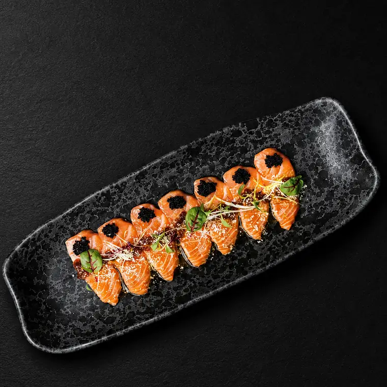 Salmon Truffle Carpaccio — Slice Salmon, Onion Salsa, Truffle Oil, Parmesan Cheese Top with Julian Leek & Black Tobiko. ENSO Japanese Fusion & Bar, Canggu, Bali.