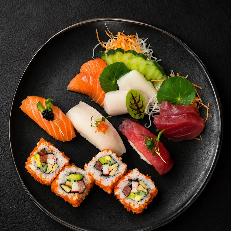 Sushi Sashimi Combination — Sushi Sashimi Combination Style of Tuna, Salmon, White Marlin & Canggu Enso Roll. ENSO Japanese Fusion & Bar, Canggu, Bali.