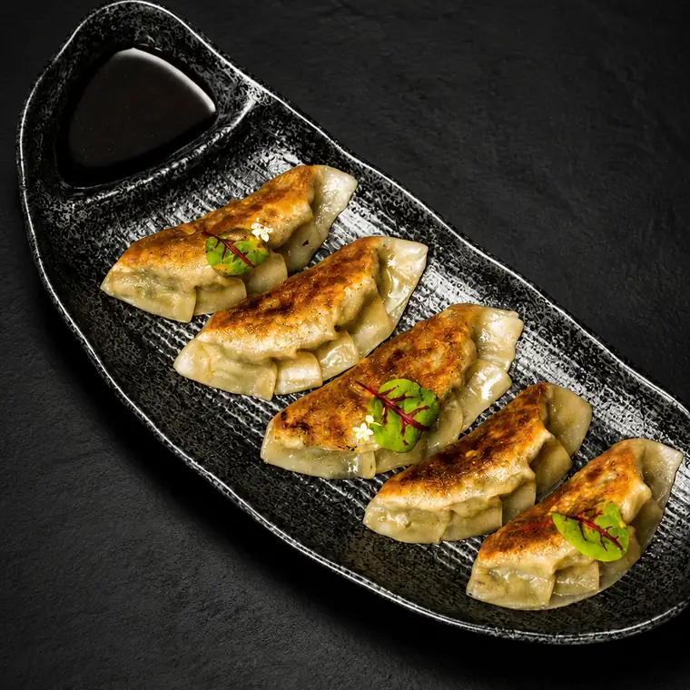 Yaki Gyoza — Japanese Pork Dumplings with Gyoza Sauce. ENSO Japanese Fusion & Bar, Canggu, Bali.