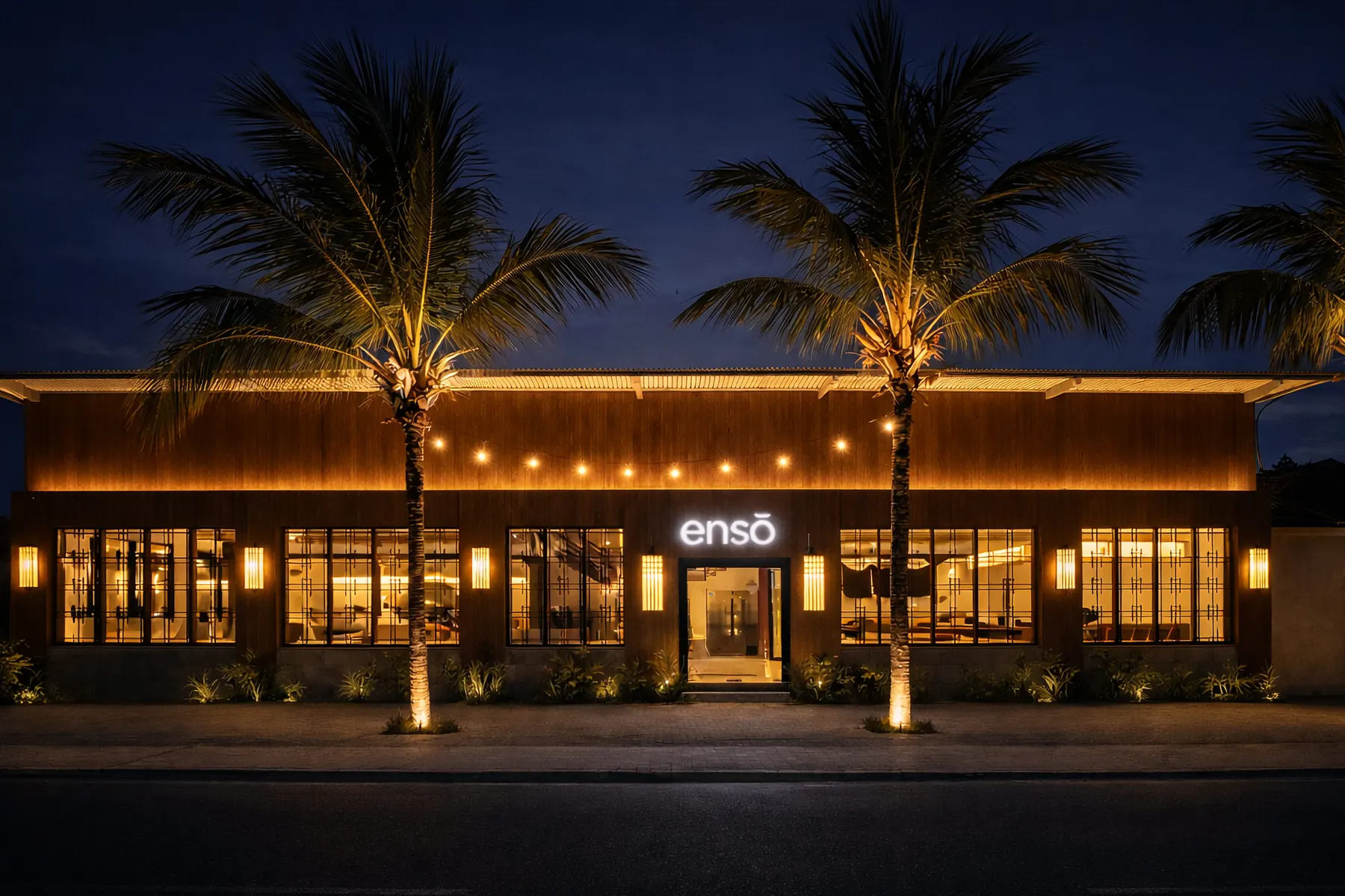 The ENSO Japanese Fusion & Bar facade at dusk on Jl. Tanah Barak, Canggu, Bali, lit warmly between two palm trees